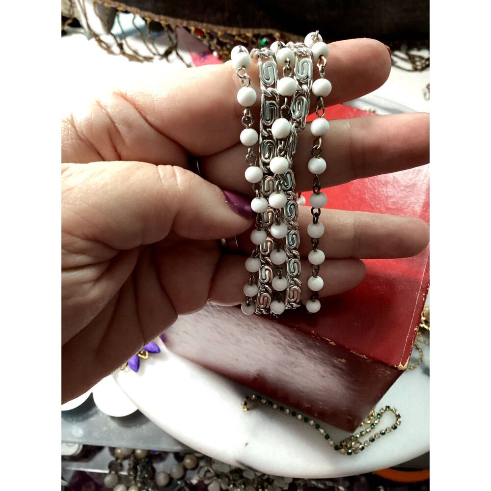 Vintage Lisner Multi-Strand Bracelet Silver with White Beads